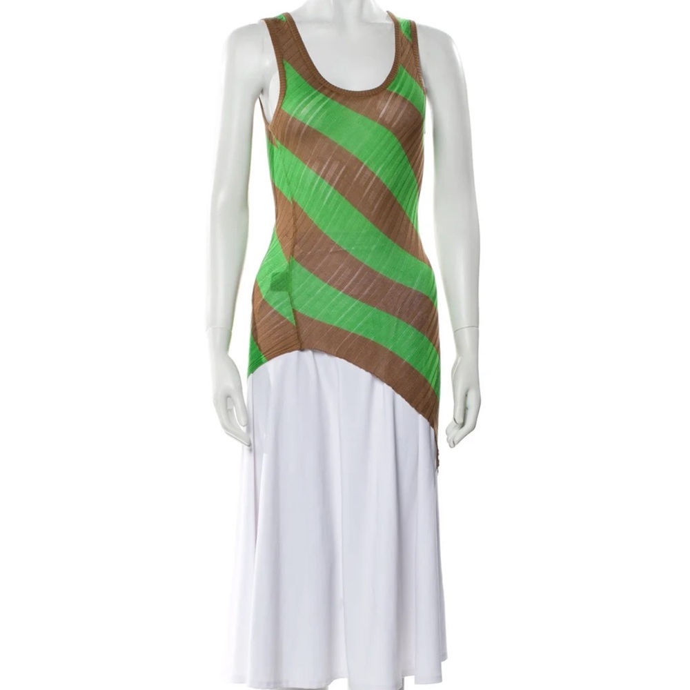 Petar Petrov Silk Green and Brown Diagonal Stripe Tank Dress with White Skirt